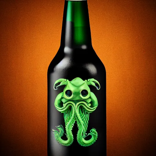 Prompt: a 3 d rendering of a beer bottle with cthulu on the label