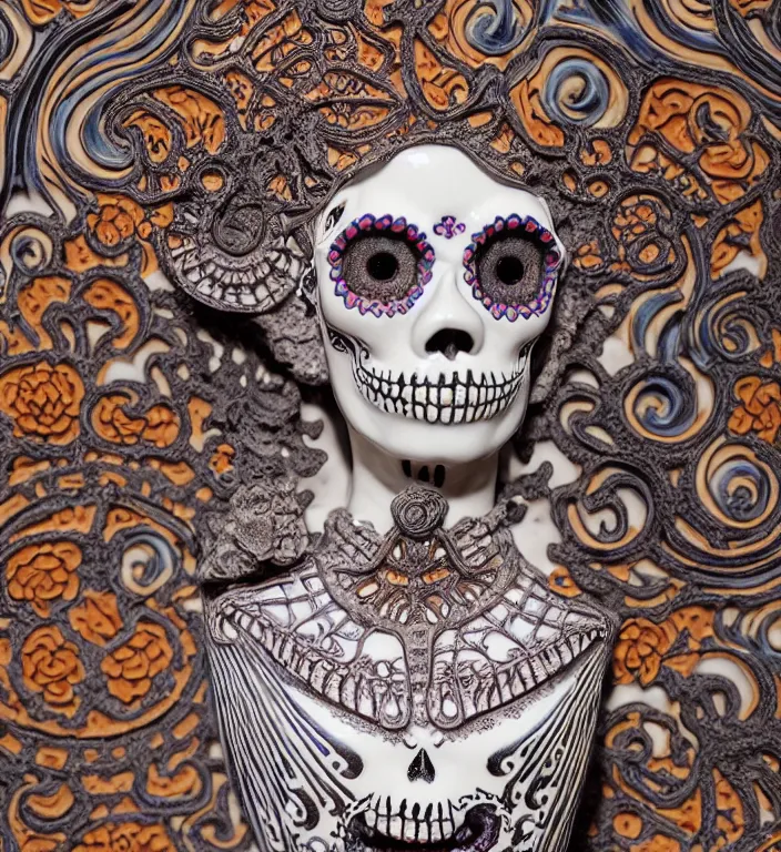 Image similar to La Catrina, A Close up photo-real delicate ceramic porcelain sculpture of a symmetrical ornate detailed in front of an intricate background by Victo Ngai and takato yamamoto, micro detail, backlit lighting, face in focus, subsurface scattering, translucent, thin porcelain, octane renderer, colorful, physically based rendering, japanese pottery, trending on cgsociety