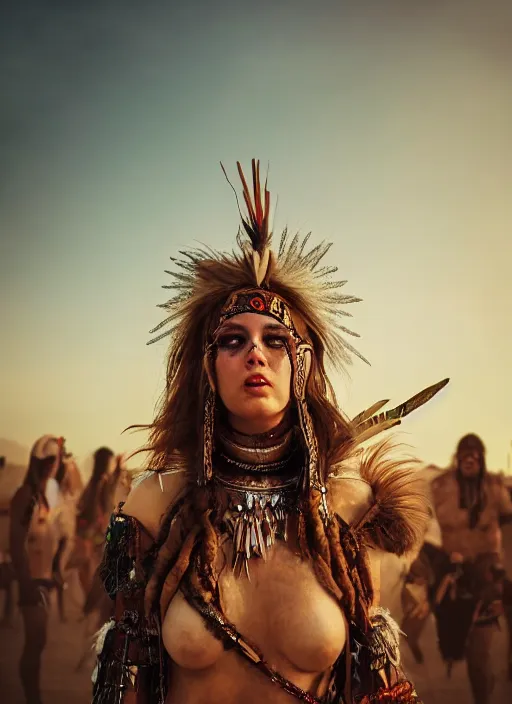 Image similar to hyper realistic photography portrait of coachella burningman pagan medieval tribal festival warrior curvy partygirl face cinematic, greg rutkowski