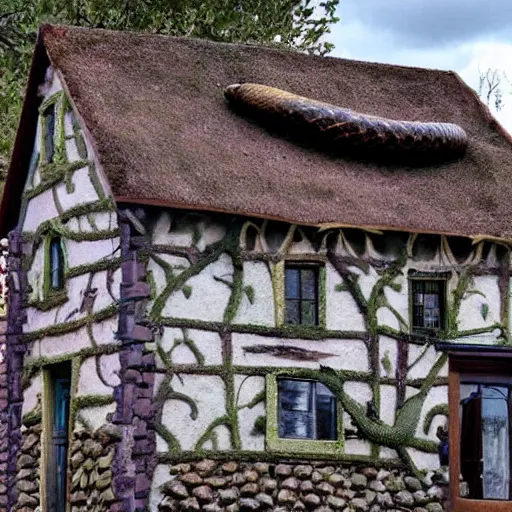 Image similar to a witches house with huge snakes on the roof
