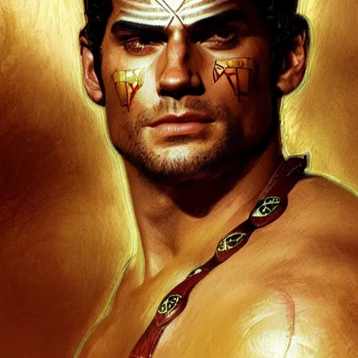 Image similar to henry cavill as an aztec warrior, athletic, face paint, muscular, intricate, highly detailed, digital painting, artstation, concept art, sharp focus, illustration, art by greg rutkowski and alphonse mucha