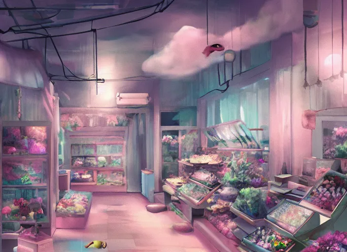 Prompt: placid pastel morning cozy moody cluttered painterly fluffy tiny cramped pet store, lots of aquariums, slanted ceiling, tiny space, particulate, trending on pixiv