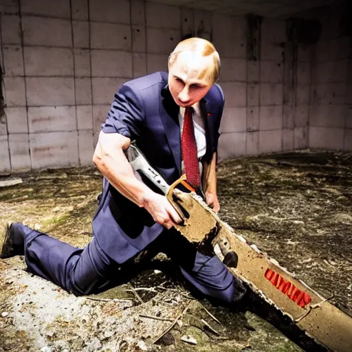 Image similar to putin with a chainsaw and a corpse. in a concrete bunker. focus on putins face with blood splatters. canon eos r 3, f / 1. 4, iso 1 6 0 0, 1 / 8 0 s, 8 k, raw, grainy