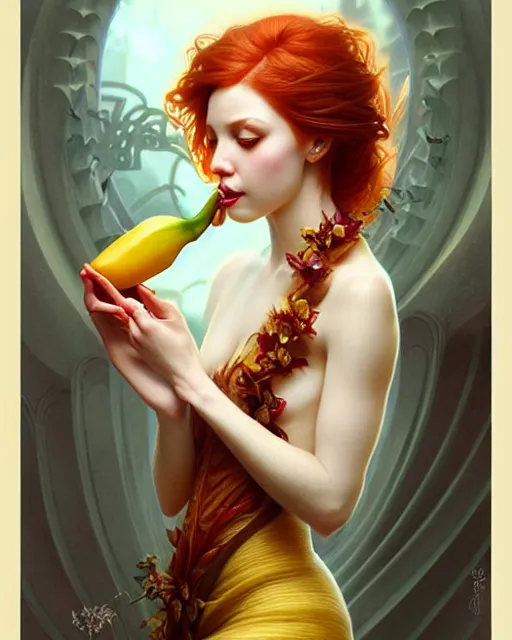 Image similar to Beautiful and playful ethereal ginger portrait eating banana, art nouveau, fantasy, intricate flower designs, elegant, highly detailed, sharp focus, art by Artgerm and Greg Rutkowski and WLOP