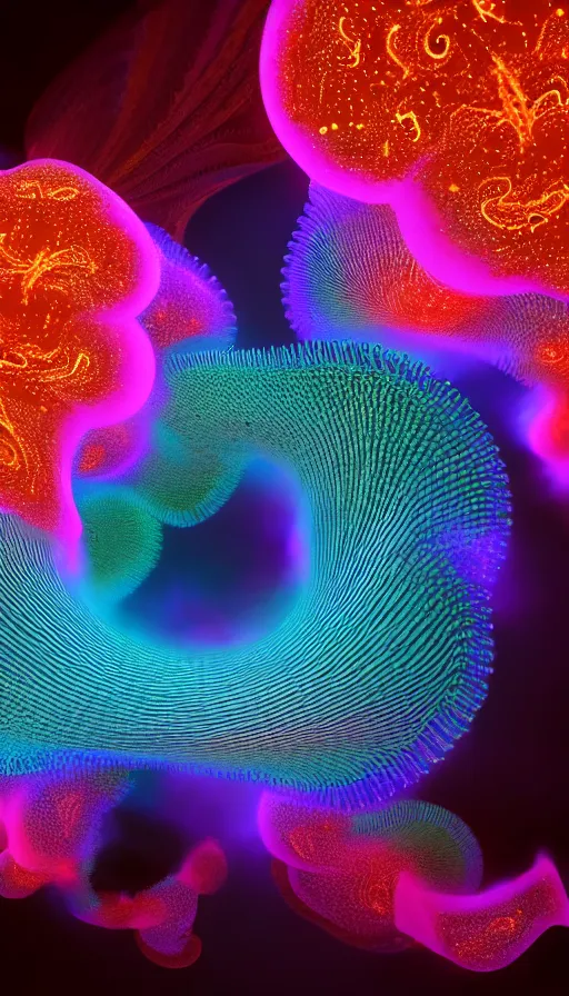 Image similar to 8 k uhd houdini recursive fractal structure, background bioluminescent swirling smoke wisps, gradient palette, volumetric lighting, 1 8 mm lens