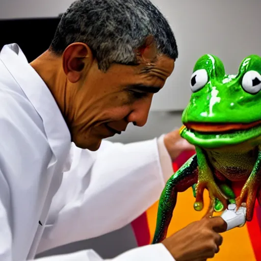 Image similar to a photograph of barack obama wearing a lab coat injecting a frog with a rainbow in a syringe