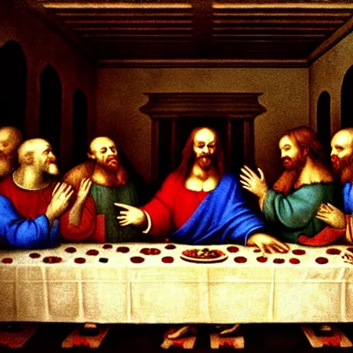 Image similar to last Supper of clowns by Leonardo Da Vinci, artstation,