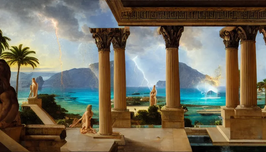 Image similar to A pool inside the giant Palace, mediterranean balustrade and columns, refracted lines and sparkles, thunderstorm, greek pool, beach and Tropical vegetation on the background major arcana sky and occult symbols, by paul delaroche, hyperrealistic 4k uhd, award-winning, very detailed paradise