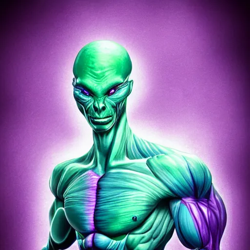 Prompt: muscular purple alien with glowing blue veins, realistic, detailed