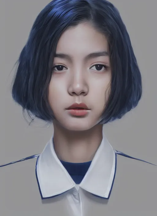 Image similar to Italian Mexican teen female wearing a navy and white Japanese school uniform, posing in Waikiki, sigma female, portrait art by James Jean, highly detailed, digital painting, concept art, illustration, dim lighting with twilight rays of sunlight, trending on artstation, very detailed, smooth, sharp focus, octane render, close up