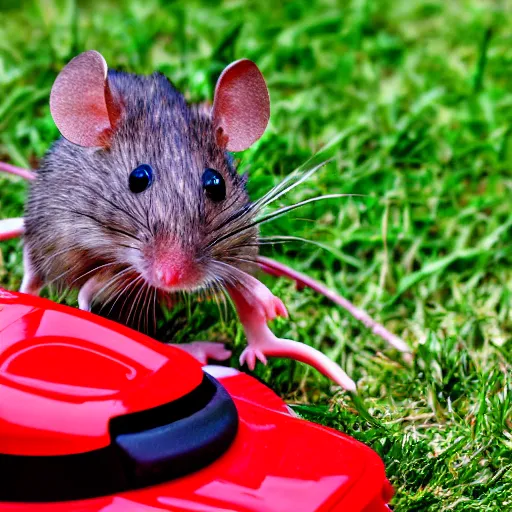 Prompt: a mouse pushing a lawnmower. Nature photography.