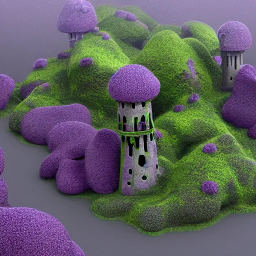 Image similar to dark castle, purple fumes, moss covered towers, eyes in the sky, octane render.