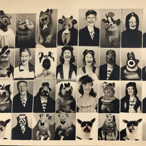 Image similar to a 1940s yearbook photo of animals dressed as people