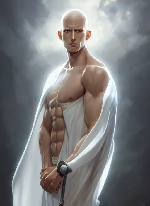 Image similar to ultra realistic illustration, handsome saitama. white cape, intricate, elegant, highly detailed, digital painting, artstation, concept art, smooth, sharp focus, illustration, art by artgerm and greg rutkowski and alphonse mucha and wlop