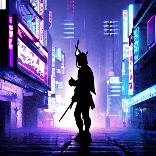 Image similar to silhouette of a samurai on his knees stabbing himself with a katana, blue and purple neon cubes coming out his body, cyberpunk rainy city at night, high quality, high detail, 4K, UHD, torii in the background, trending on ArtStation, blade runner vibes