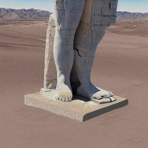 Prompt: Ozymandias statue is standing in the desert half sunk a shattered visage only legs and head, desert, sunny day, digital painting
