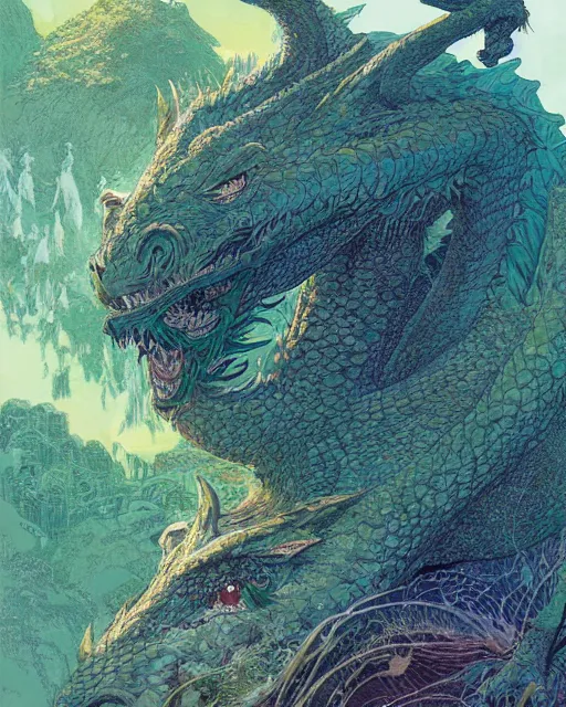 Image similar to a giant slumbering sleeping green dragon, digital art, illustrated by james gurney and victo ngai