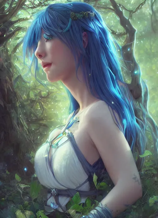 Image similar to stunningly beautiful female blue hair, dj sura face, fantasy art, fae priestess, lush forest landscape, dark light night, sharp focus, digital painting, 8 k, concept art, art by wlop, artgerm, greg rutkowski and alphonse mucha