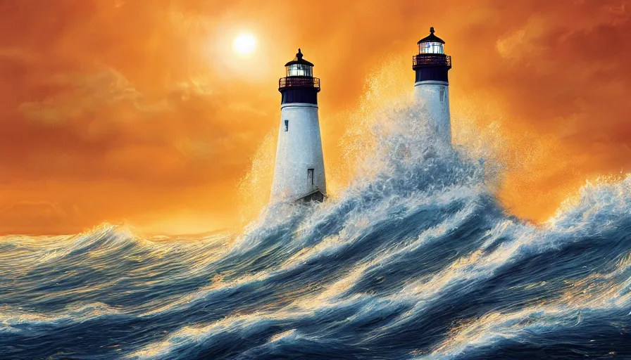 Image similar to a lighthouse being struck by a huge wave out at sea, digital art, highly detailed, realistic, bright colors, 8 k