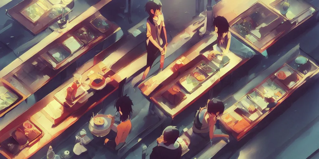 Prompt: sushi, animation, by makoto shinkai, digital art, illustrations