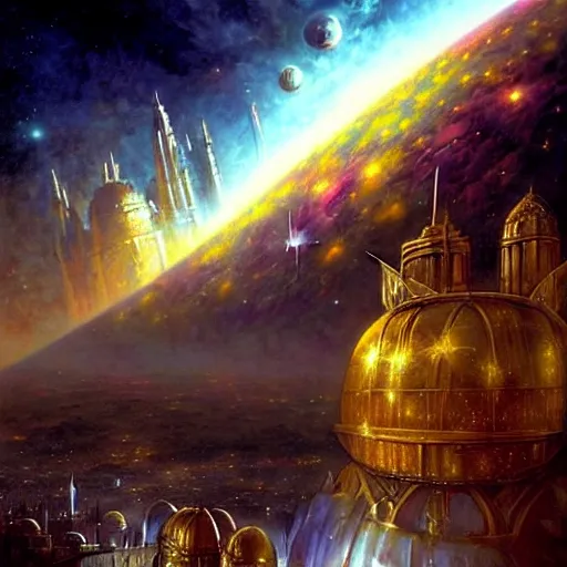 Image similar to The golden city of New Jersualem in the clouds, the orion nebula in the sky, nebula, fantasy city, fantastical architecture, divine, holy, art by Stephan Martinière, Martinière artwork, fantasy, beautiful, HD