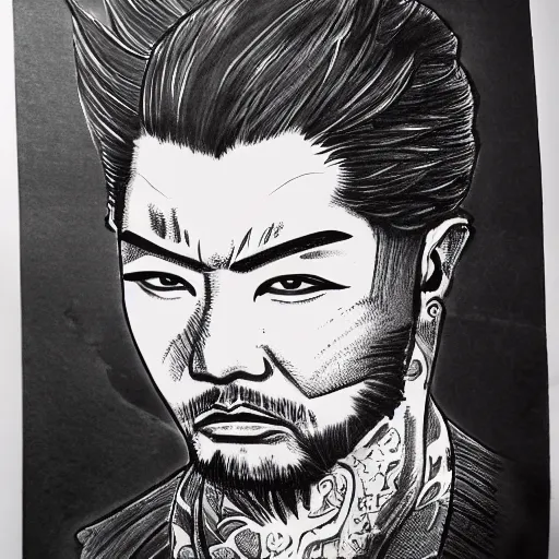 Image similar to intricate, realistic ink drawing of a yakuza in a splash of ink, 8 k