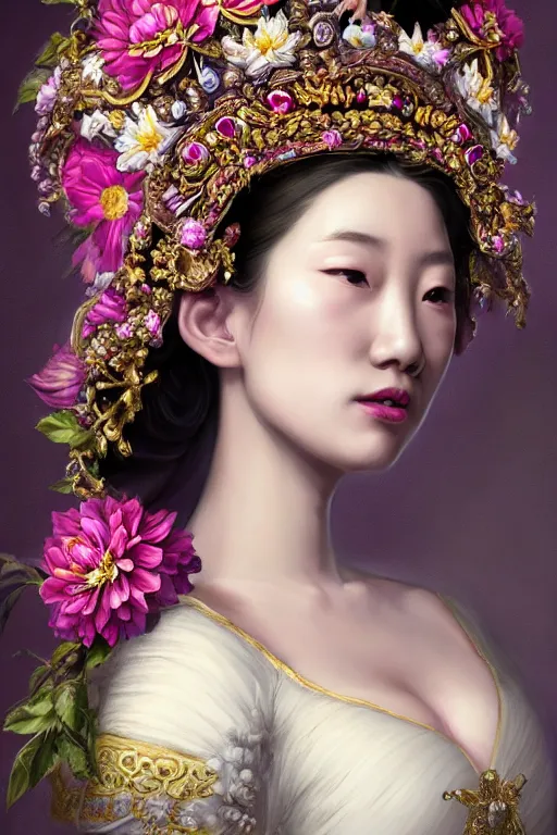 Image similar to a beautiful empress portrait, with a brilliant, impossible striking big flower headpiece, clothes entirely made out of flowers, symmetrical, dramatic studio lighting, rococo, baroque, jewels, asian, hyperrealism, closeup, D&D, fantasy, intricate, elegant, highly detailed, digital painting, artstation, octane render, 8k, concept art, matte, sharp focus, illustration, art by Artgerm and Greg Rutkowski and Alphonse Mucha