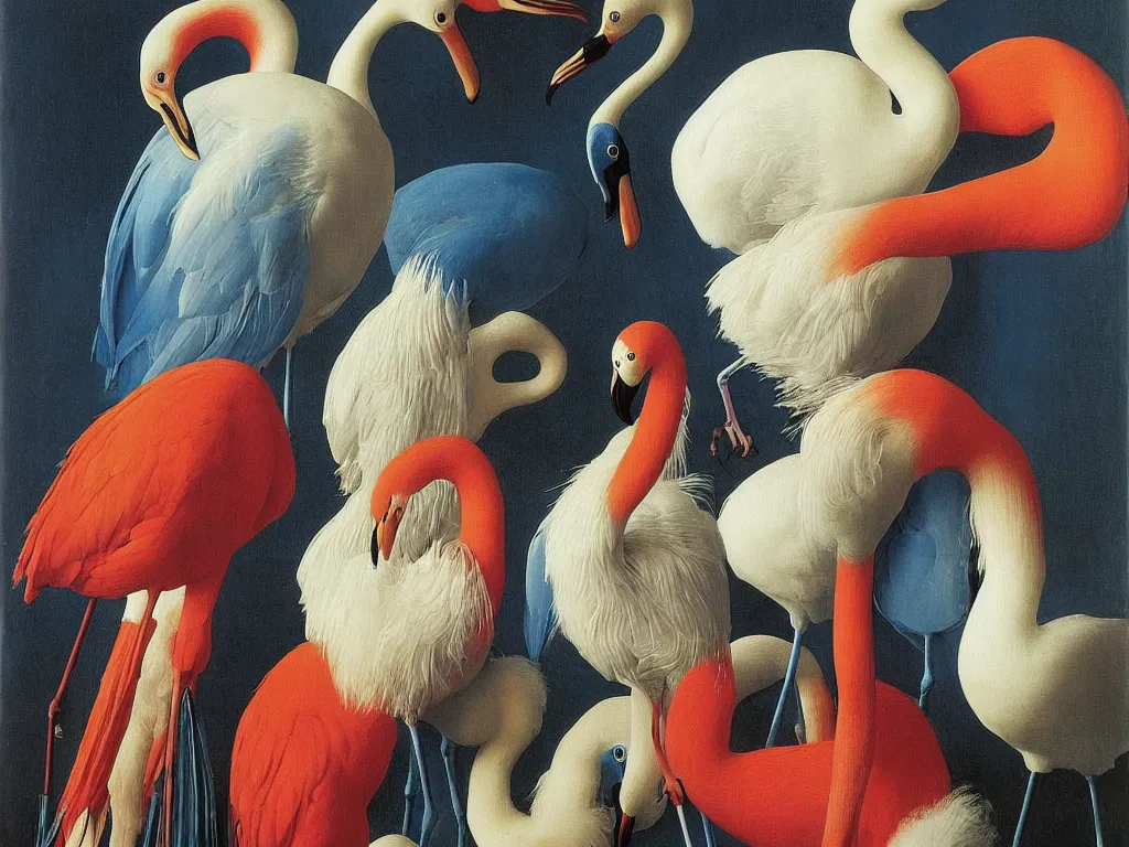 Prompt: Portrait of albino mystic with blue eyes, with exotic beautiful flamingo. Painting by Jan van Eyck, Audubon, Rene Magritte, Agnes Pelton, Max Ernst, Walton Ford