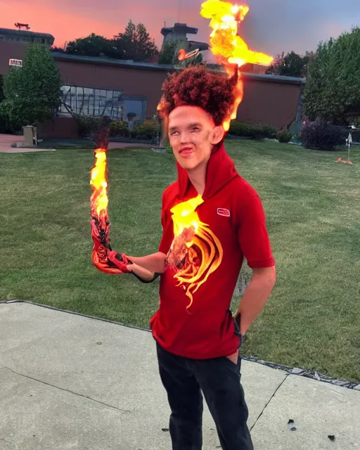 Image similar to squidward wearing fire nation clothing and practicing firebending outside at susnset