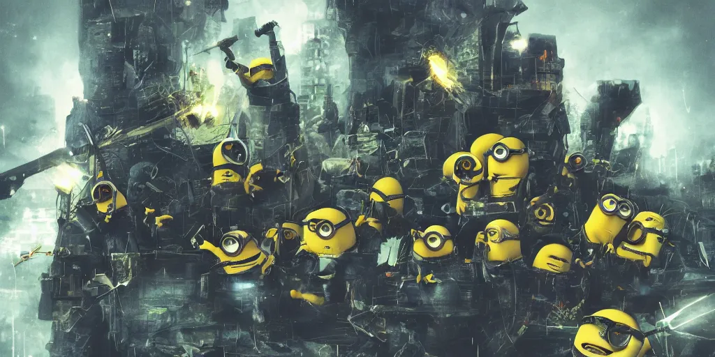 Image similar to Minions with axes and words against golden sparks, black smoke, yellow lights, Anime, cyberpunk, gothic, dark fantasy, art, 4k,