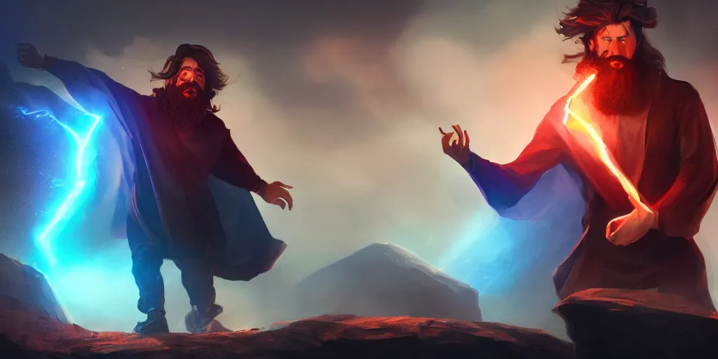 Prompt: a handsome brown hair bearded male sorcerer, he is casting a blue and red spell, waist up, light rays, bloom, epic composition, dynamic lighting, post processing, photoshop, concept art, cinematic, trending on artstation