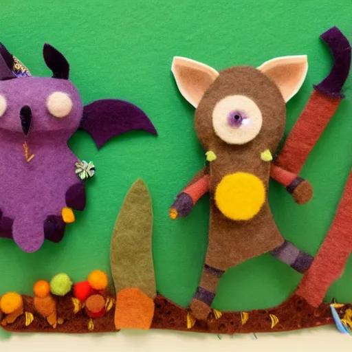 Prompt: two fantasy creatures, made of felt and cloth and beads, in a lush magical forest, handcrafted, stop motion art