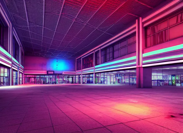 Image similar to inside a huge abandoned mall with high contrast neon lights, highly detailed, 8 k, hdr, award - winning, octane render, trending on artstation, volumetric lighting
