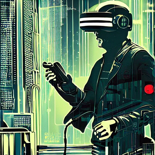 Image similar to Illustrated by Shepard Fairey and H.R. Geiger | Cyberpunk Keanu Reevse with VR helmet, surrounded by cables