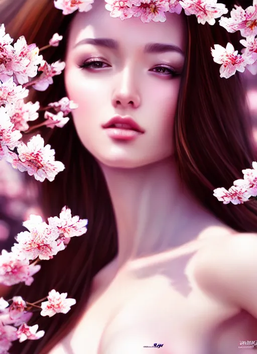 Image similar to photo of a gorgeous female in the style of stefan kostic, realistic, half body shot, sharp focus, 8 k high definition, insanely detailed, intricate, elegant, art by stanley lau and artgerm, extreme blur cherry blossoms background