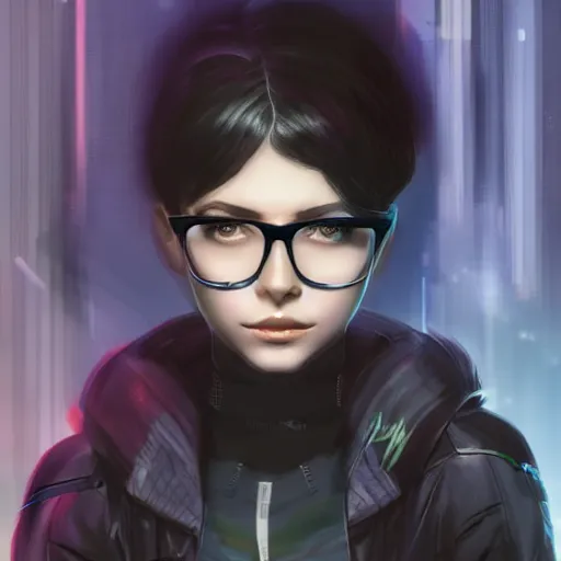 Prompt: concept art of a young cyberpunk girl with short white hair and black rimmed glasses. Trending on artstation.