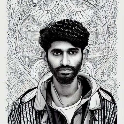 Prompt: portrait of a pakistani - american man, an ultrafine detailed illustration by james jean, intricate linework, bright colors, final fantasy, behance contest winner, vanitas, angular, altermodern, unreal engine 5 highly rendered, global illumination, radiant light, detailed and intricate environment