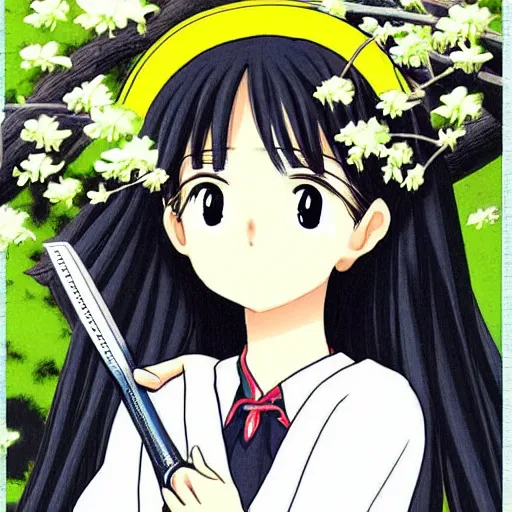 Image similar to “Detailed manga art of a beautiful Japanese girl holding a knife; loving expression; school uniform; high contrast; clean, sharp”