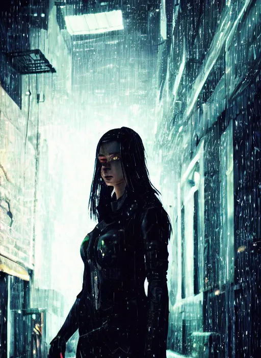 Prompt: cyberpunk woman, raining, in an alley at night, back lit, face visible and lit, by webang111 and WLOP, trending on artstation, 8k, Intricate, Unreal Engine