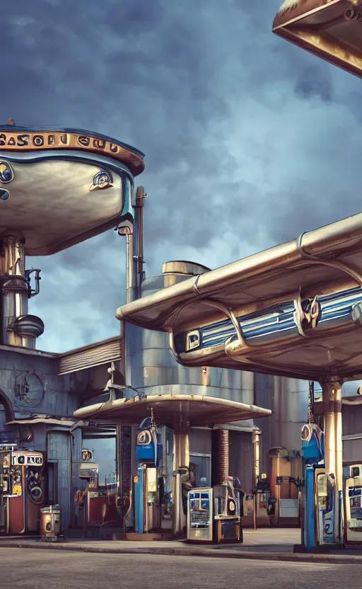 Prompt: steampunk gas station, 4 k, polished, photorealistic, hard edges, zoomed in, very coherent, sharp focus, rim light, exquisite lighting, blue gradient, hard edges, sci - fi, cinematic, octane render