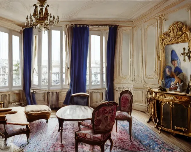 Prompt: a beautiful parisian apartment with and antique furniture with a view of the city, interior design, architecture, key lighting, soft lights, by steve hanks, by edgar maxence, by caravaggio, by michael whelan, by delacroix, by serov valentin, by tarkovsky, 8 k render, detailed, oil on canvas