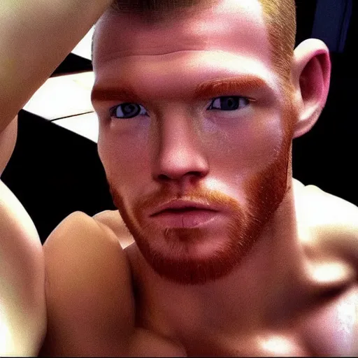 Image similar to “a realistic detailed photo of a guy who is an attractive humanoid who is half robot and half humanoid, who is a male android, boxer Canelo Álvarez, shiny skin, posing like a statue, blank stare”