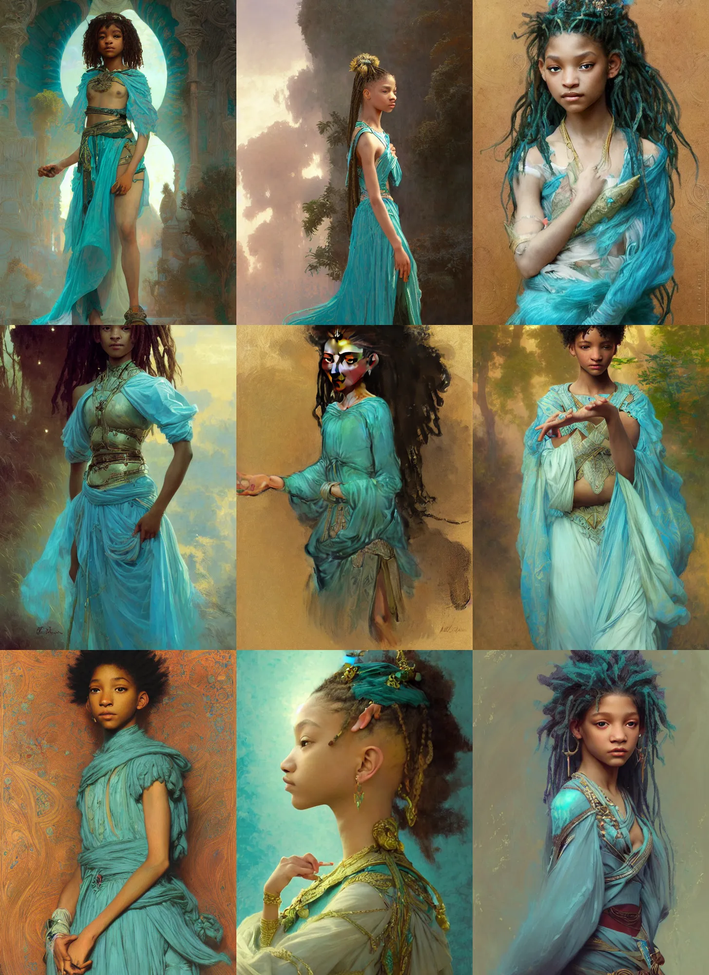 Prompt: willow smith zendaya young, ancient libu princess, teal skirt, intricate, highly detailed, artstation, digital illustration, orientalism, bouguereau, mucha, ruan jia