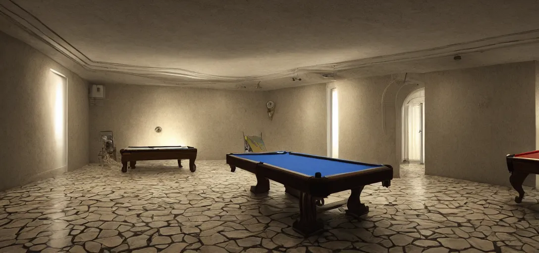 Prompt: photo of non - euclidean pool room, no window, tiled walls, led lights, 8 k photorealistic, hd, high details, trending on artstation