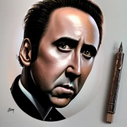 Prompt: a detailed fantasy character portrait of Nicolas Cage as godfather by lauri blank, artgerm, evelyn de morgan, 8K, 50mm lens