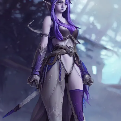 Image similar to an elf girl with grey skin with blues and long purple hair, wearing armor, highly detailed, digital painting, artstation, matte, by makoto shinkai, animation style