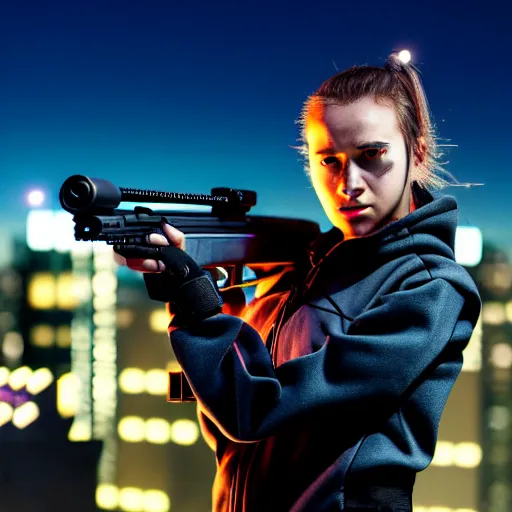 Image similar to photographic portrait of a techwear woman holding a shotgun, closeup, on the rooftop of a futuristic city at night, sigma 85mm f/1.4, 4k, depth of field, high resolution, full color, Die Hard, movies with guns, movie firearms