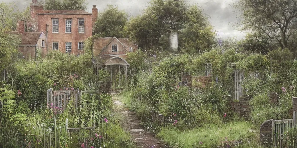 Image similar to A detailed painting of an abandoned building house garden. Shrubs. Graffiti. Set in an English countryside landscape. by Lee madgwick