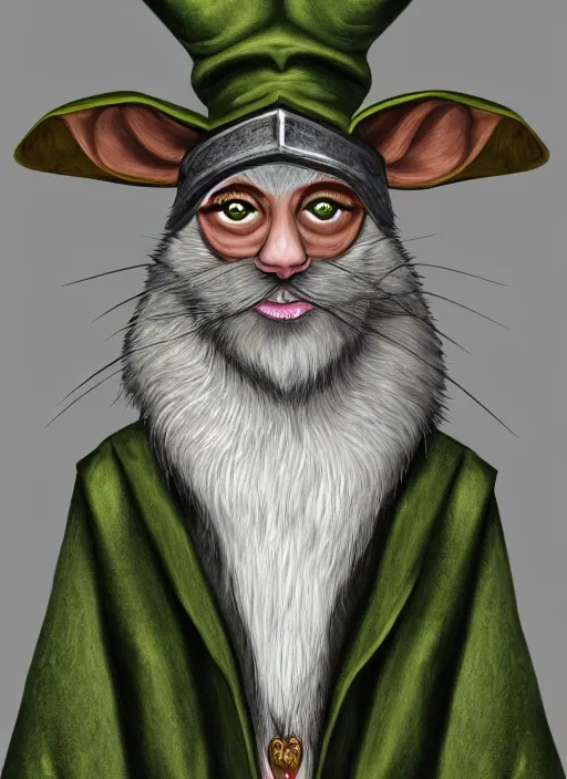 Image similar to portrait picture of a gray anthropomorphic rat with beard and jewelry, green eyes, tricorne hat, green robe, D&D, digital art