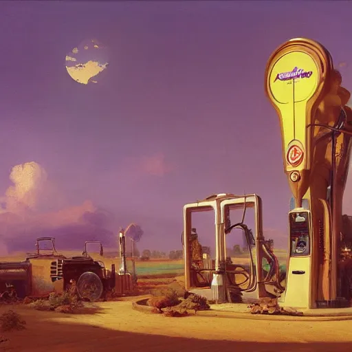 Prompt: painting of syd mead artlilery scifi organic shaped gas pump with ornate metal work lands on a farm, fossil ornaments, volumetric lights, purple sun, andreas achenbach